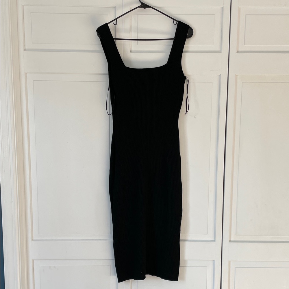 H&M Ribbed Knit Midi Dress Womens Large Black New Square Neck‎ Sleeveless